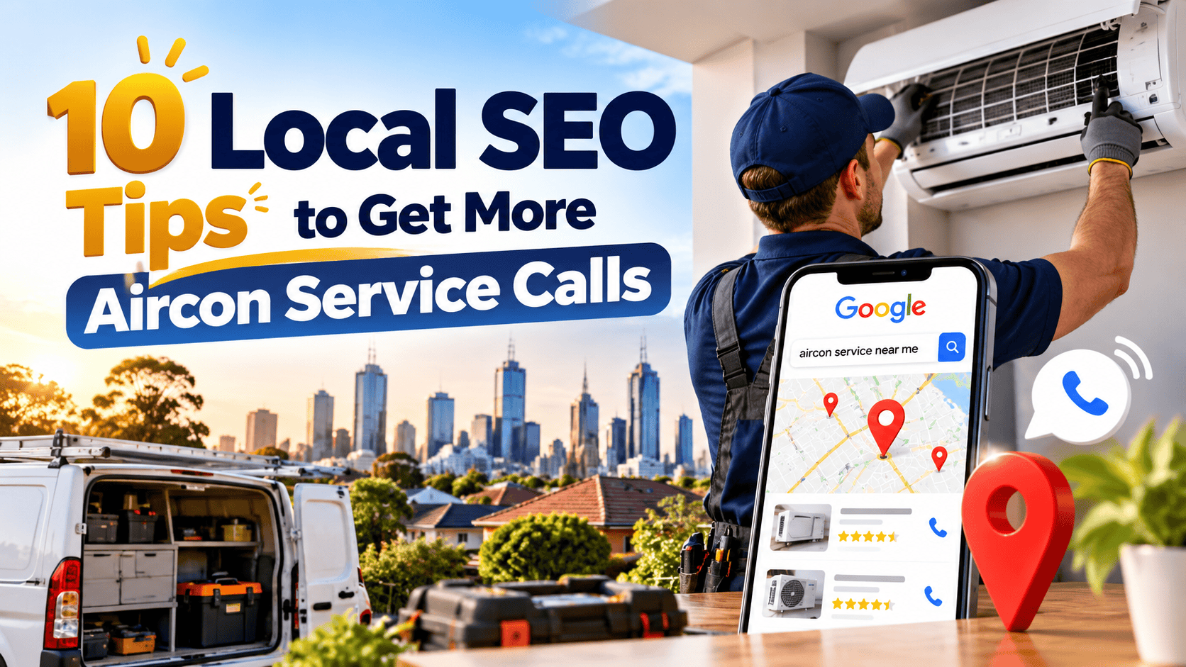 10 local SEO tips to get more aircon service calls, featuring an air conditioning technician, Google local search map, location pin and Melbourne skyline.
