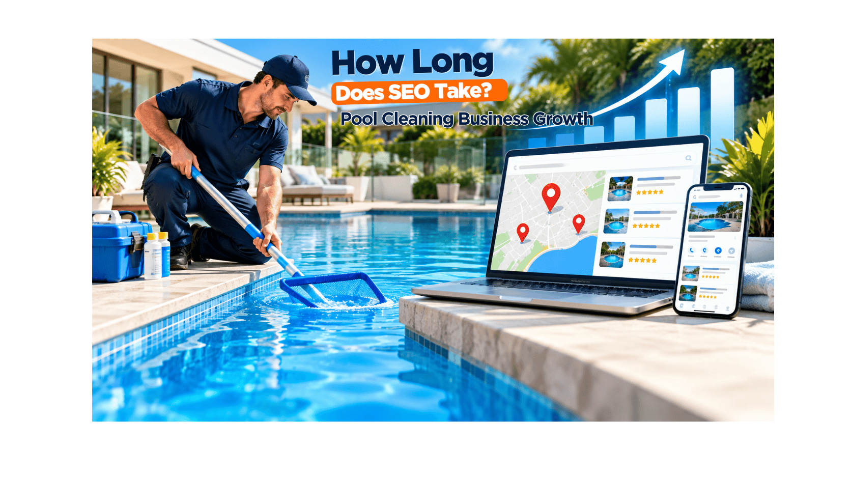 How long does SEO take for a pool cleaning business? SEO growth timeline from 1 to 12 months.