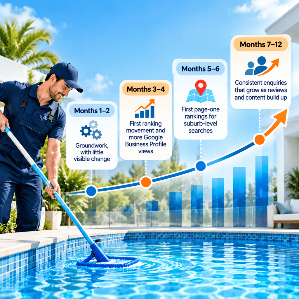 Pool cleaner brushing a pool beside a month-by-month SEO results timeline for pool cleaning businesses
